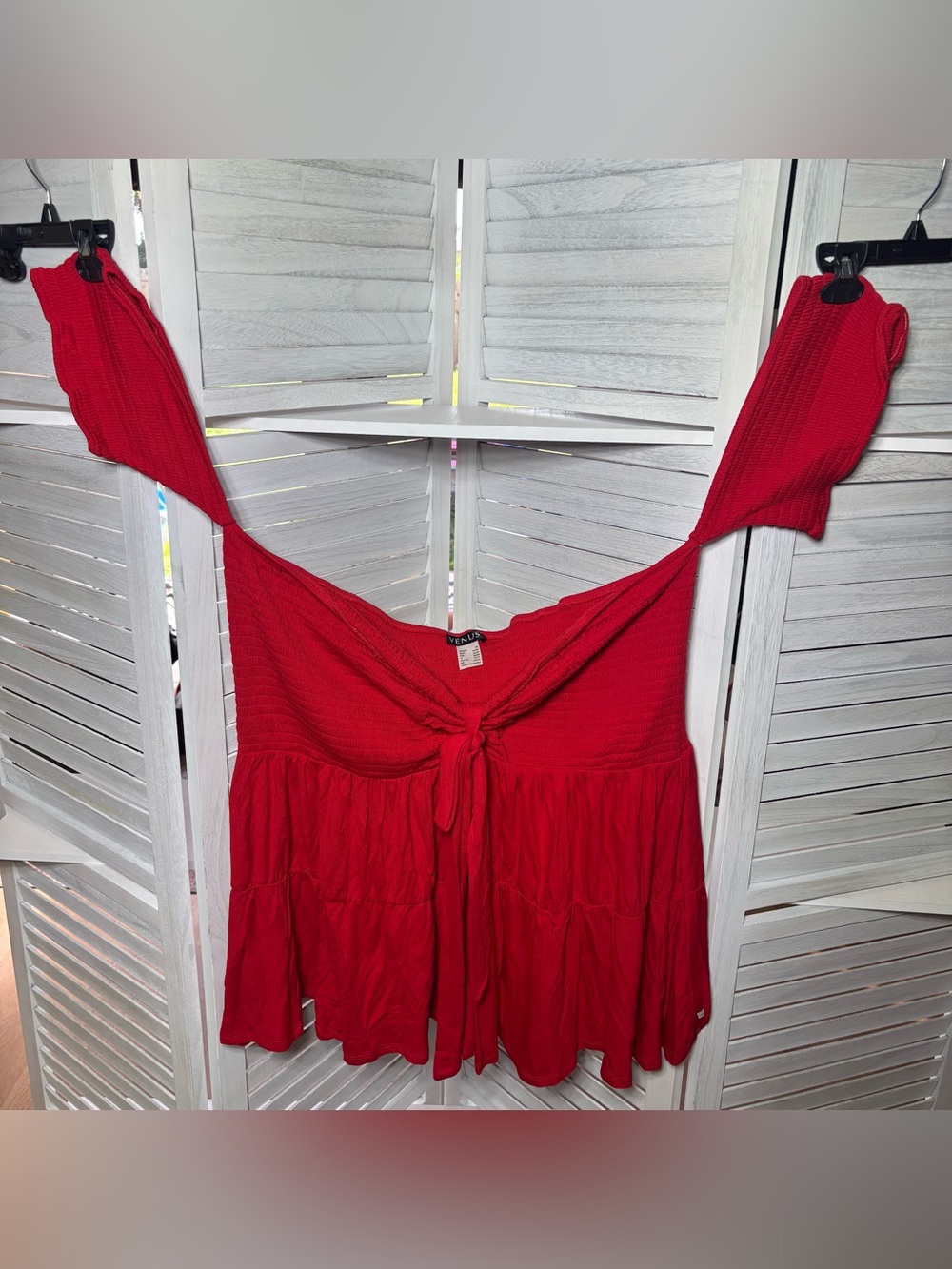 VENUS Red Smocked Tie Front Babydoll Top 3X Flowy Boho